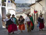 In Quito, people wearing traditional costume of Otavalo Region